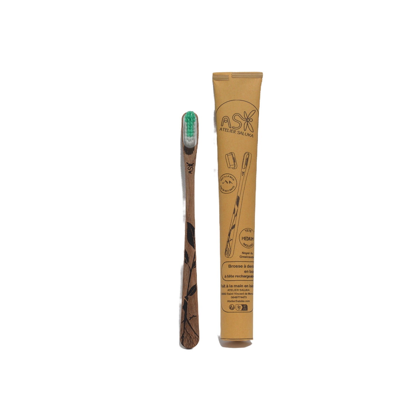 Brosse à dents artisanale en bois à tête rechargeable - Motif Feuille